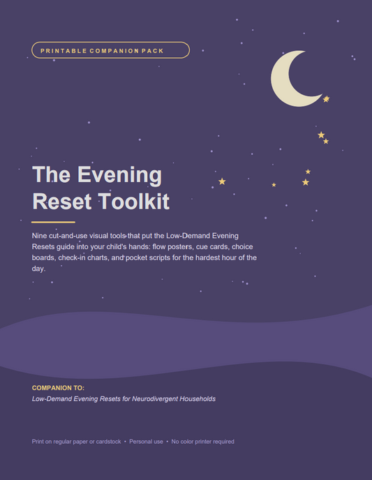 The Evening Reset Toolkit cover — night sky with crescent moon and stars, 9 printable visual bedtime tools for ADHD and sensory-sensitive kids