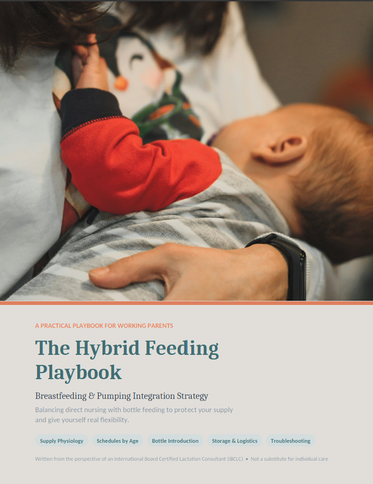 Cover of The Hybrid Feeding Playbook, a printable breastfeeding and pumping schedule guide for working parents, showing a mother nursing her baby