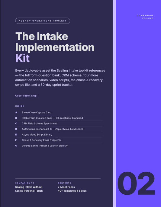 The Intake Implementation Kit — Templates, Build Specs & Swipe Files for Client Onboarding (PDF)