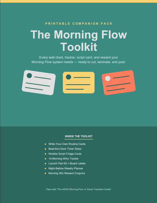 Cover of The Morning Flow Toolkit, a printable companion pack with ADHD visual schedule routine cards, timers, and trackers