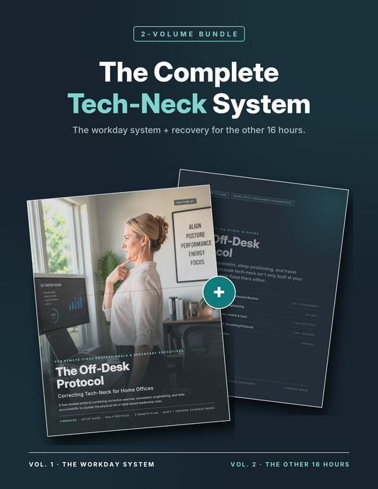 The Complete Tech-Neck System 2-volume bundle — Off-Desk Protocol workday guide and dark-cover recovery companion PDF covers overlapping with a plus sign