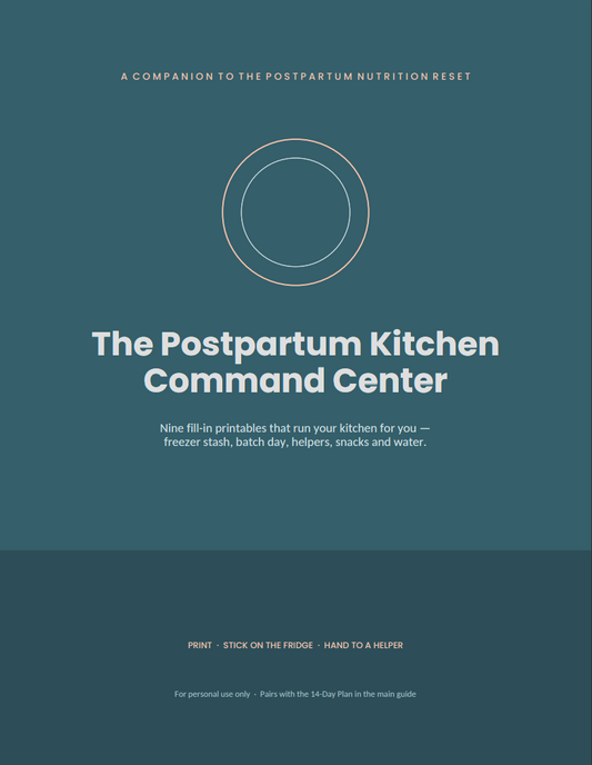 The Postpartum Kitchen Command Center PDF cover in teal with a plate icon, 9 fill-in fridge printables for new moms