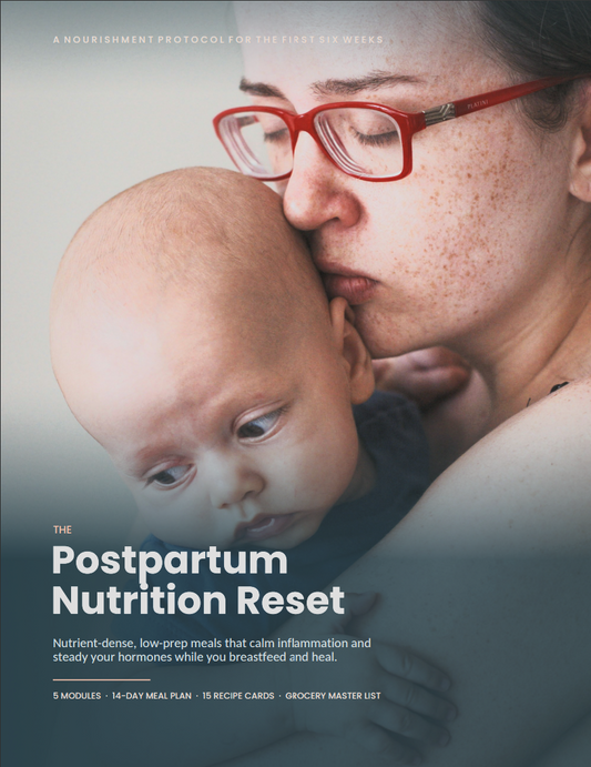Included in the bundle: The Postpartum Nutrition Reset cover, a 25-page meal plan and recipe guide for breastfeeding moms