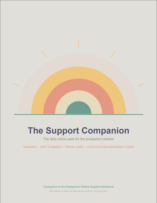 The Support Companion cover — printable postpartum action pack for partners with a muted sunrise illustration in terracotta, honey and sage