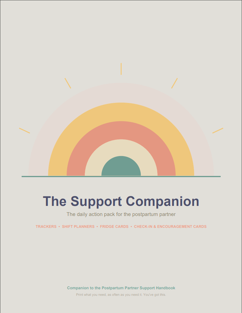 Included in the bundle: The Support Companion cover — printable postpartum action pack with a muted sunrise illustration