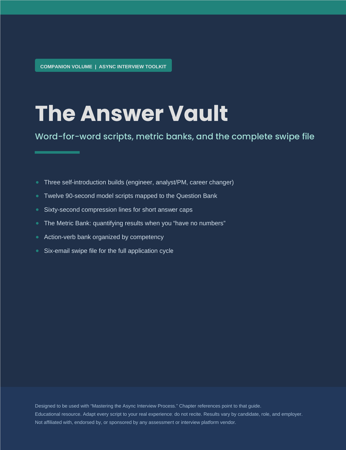 The Answer Vault PDF cover on a navy background — companion volume of word-for-word async interview scripts, metric banks, and email swipe file, 2026 edition