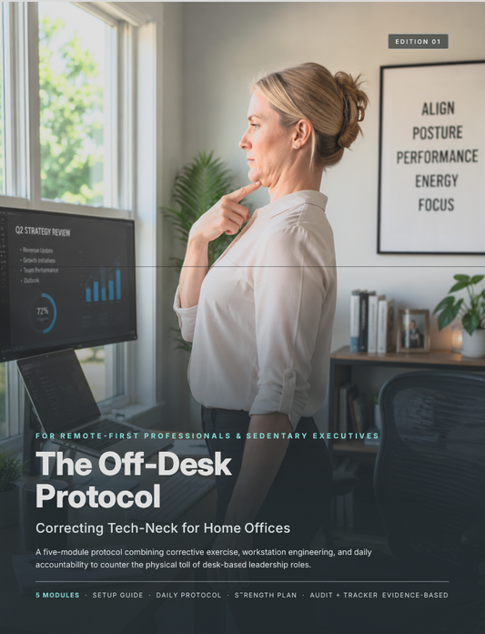 The Off-Desk Protocol PDF cover — executive doing a chin tuck posture exercise at a standing desk in a home office