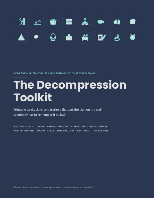 Cover of The Decompression Toolkit — printable sensory activity cards, visual schedule, calm-down signs and trackers for neurodivergent kids, shown as a grid of calming activity icons on navy