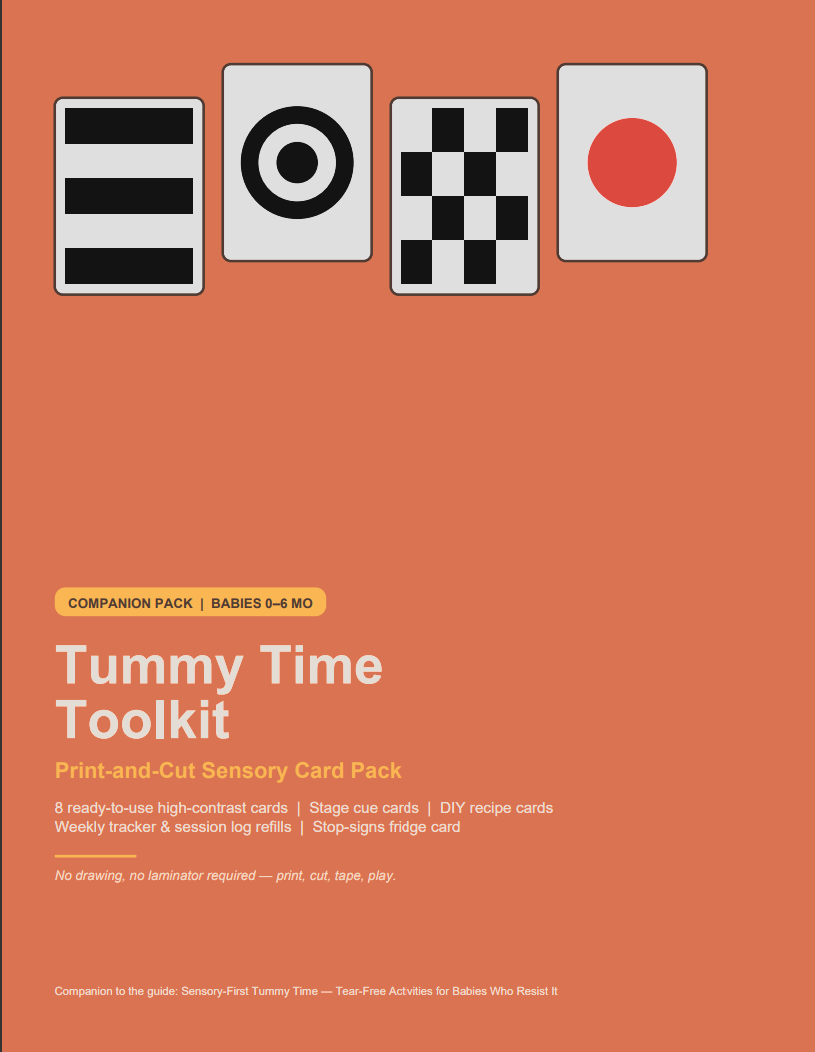 Tummy Time Toolkit PDF cover with four printable high-contrast baby cards on a warm terracotta background