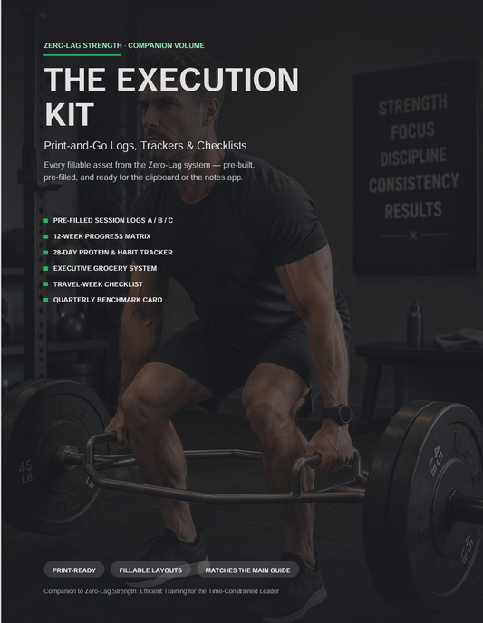 The Zero-Lag Execution Kit PDF cover — printable workout logs, habit tracker and 12-week progress matrix for busy professionals