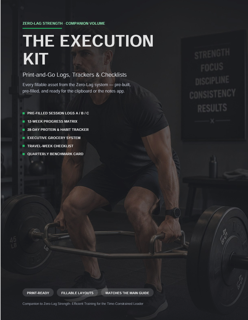The Zero-Lag Execution Kit PDF cover — pre-filled workout logs, 12-week progress matrix and habit tracker