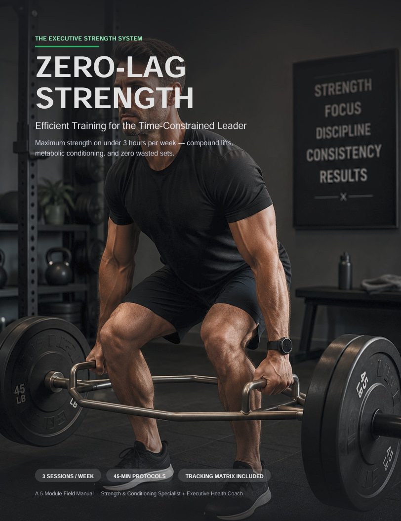 Zero-Lag Strength PDF guide cover — efficient 3-hour-per-week muscle building plan with trap bar deadlift in home gym