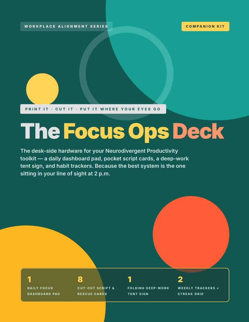 The Focus Ops Deck PDF cover — printable ADHD desk kit with daily dashboard, script cards and deep-work tent sign
